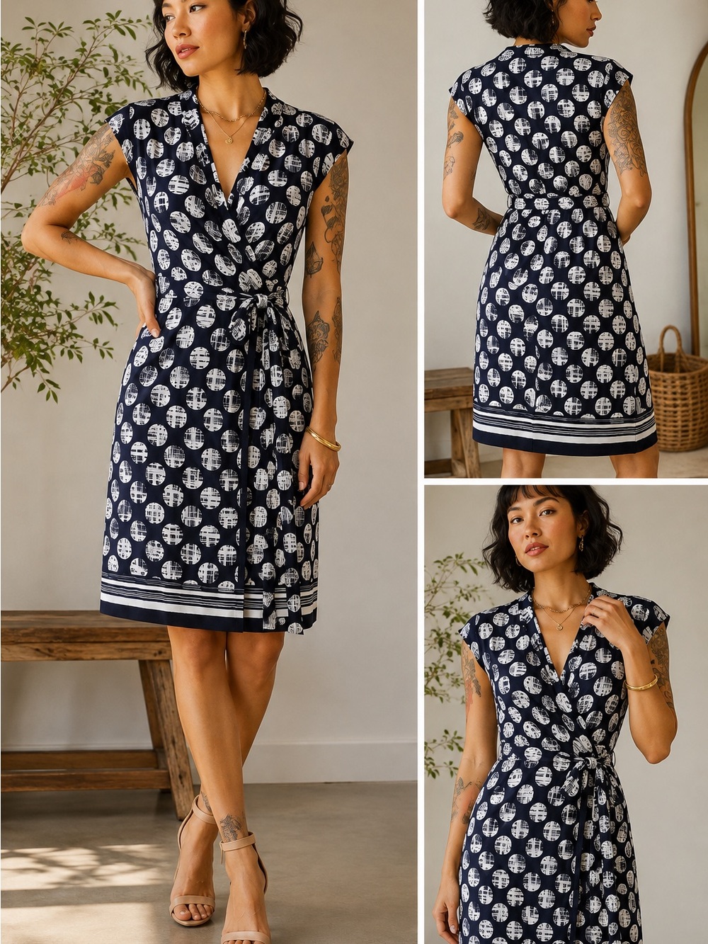 Eliza J Navy and White Wrap Midi Dress with Geometric Polka Dot Medallions - Picture 1 of 7